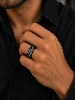 8MM DOME BLACK IP WITH HONEYCOMB TUNGSTEN RING
